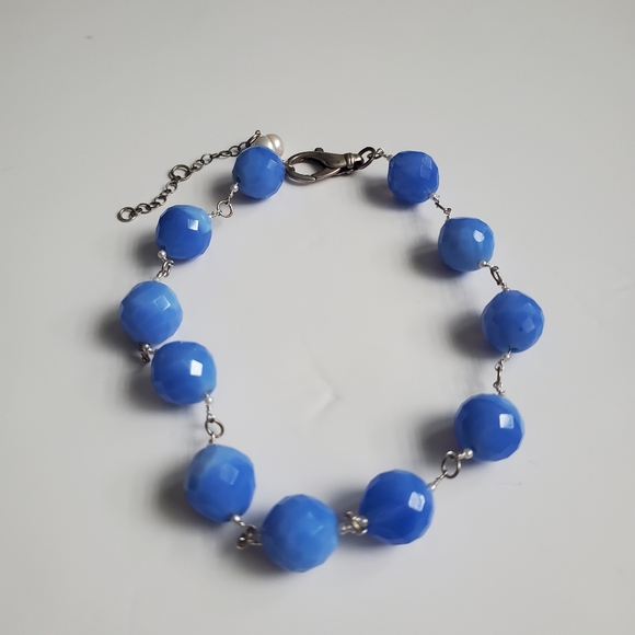 Beaded Statement Necklaces Blue Faceted Strung Beads & Black Onyx Gray Slider - Picture 3 of 9